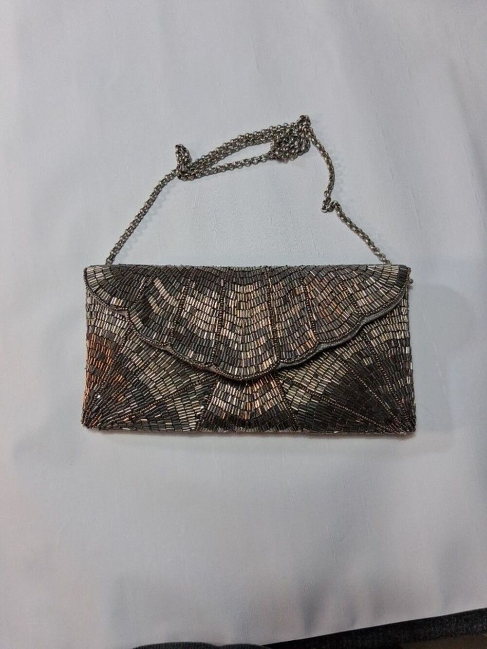 CATO Couture Silver Beaded Fold-Over Evening Clutch Bag